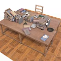 Wooden Dining Table with Books Lamp Cup and Chair on Wooden Parquet Floor