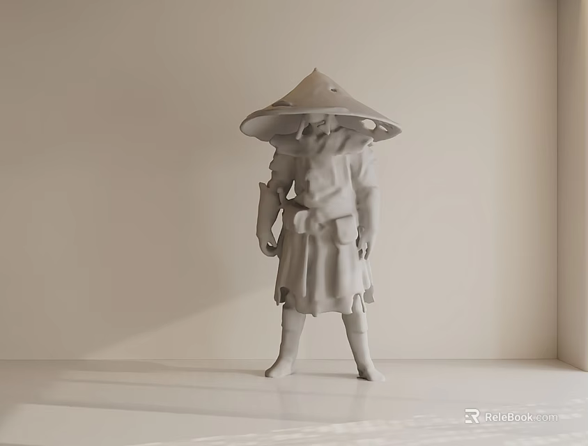 Game Movie Character Wearing Conical Hat And Traditional Attire Standing Pose 3d model 