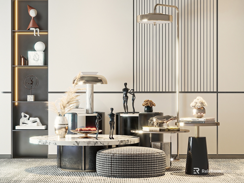 Elegant Modern Round Coffee Table with Marble Top Sculpture Vase and Floor Lamp 3d model 