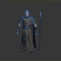 Woman with white hair in blue cloak and brown robe holding staff with green gem