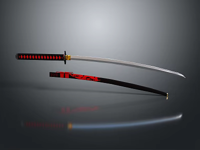Traditional Japanese Samurai Sword Silver Sharp Blade Red Black Striped Handle Black Scabbard RONIN Text 3d model