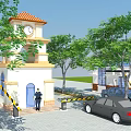 Entrance Gate With Security Booth Clock Tower Trees And Car On Paved Ground