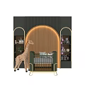 Green Baby Crib In Nursery With Plush Giraffe Toy Side Shelves And Wooden Curved Wall