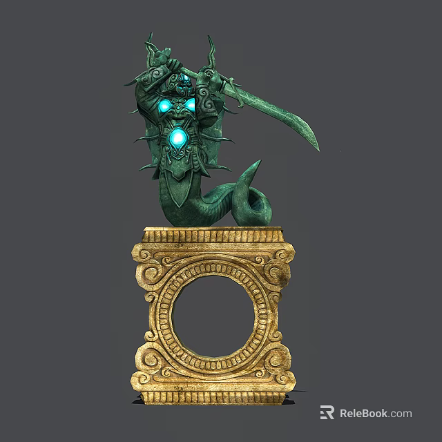 Green Mythical Statue With Glowing Blue Eyes Holding Sword On Golden Carved Pedestal 3d model 