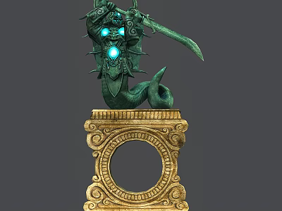 Green Mythical Statue With Glowing Blue Eyes Holding Sword On Golden Carved Pedestal 3d model