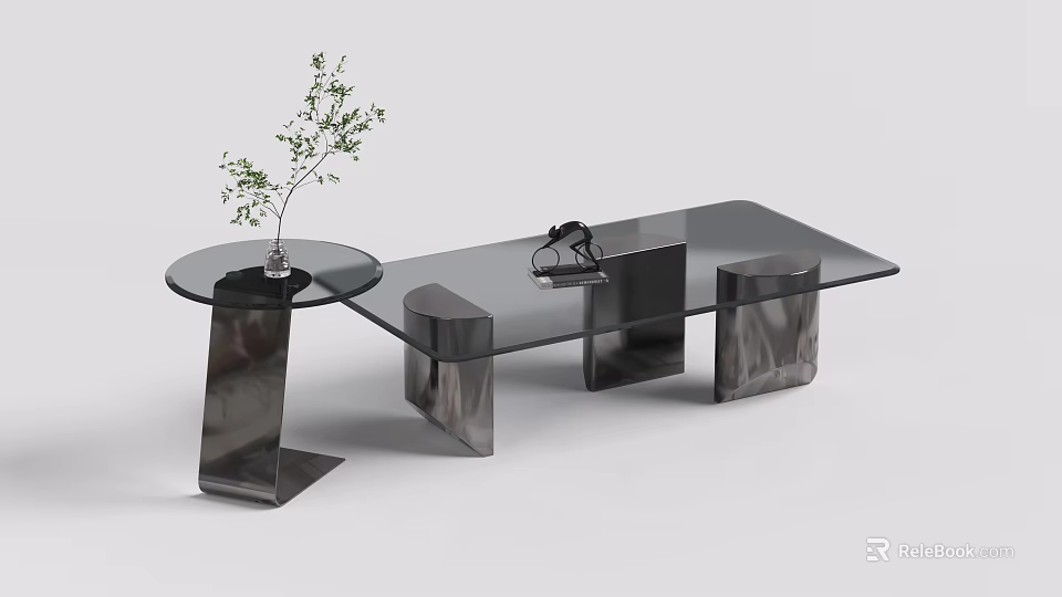Elegant Modern Coffee Table With Glass Top And Metal Base Decorative Plant 3d model 