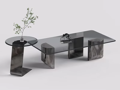 Elegant Modern Coffee Table With Glass Top And Metal Base Decorative Plant 3d model