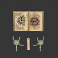 Ancient Open Book With Intricate Patterns Ornate Brass Candlesticks And Lit Candle