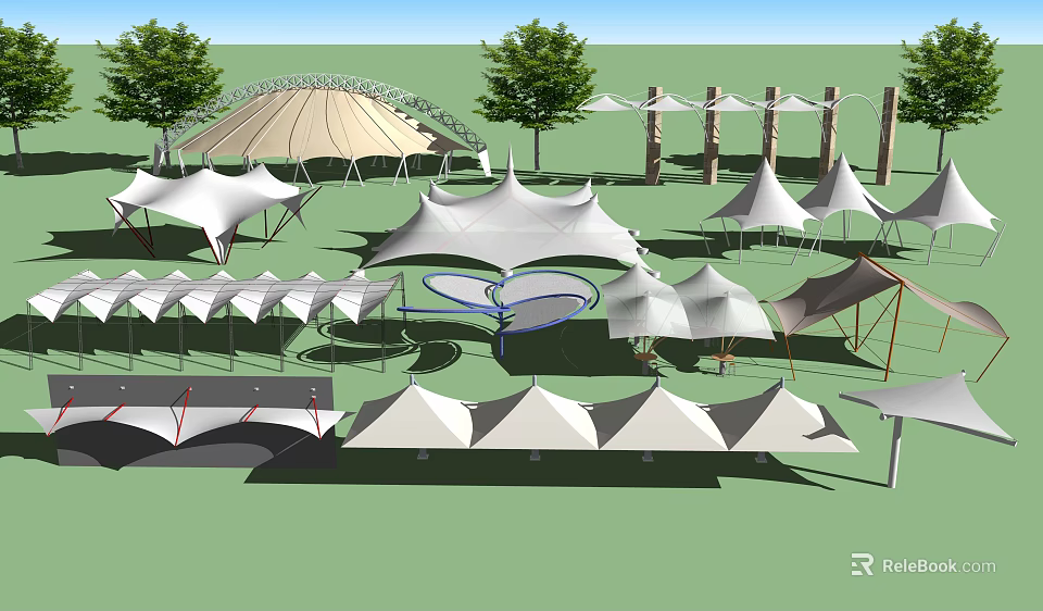 Tensile Membrane Structures In Outdoor Landscape With Various Shapes And Green Lawn 3d model 