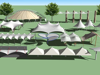 Tensile Membrane Structures In Outdoor Landscape With Various Shapes And Green Lawn 3d model