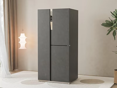 Grey Double Door Refrigerator In Modern Home Interior With Curtains Pendant Light And Plant 3d model