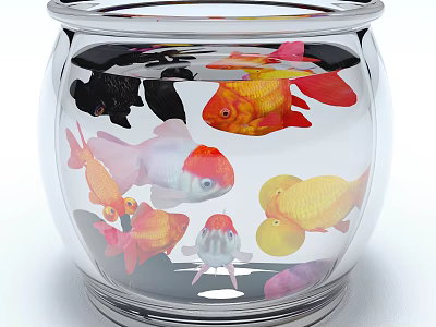 Round Glass Fish Tank With Colorful Goldfish And Various Colored Tropical Fish 3d model