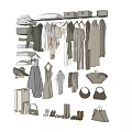 Stylish Clothes With Dresses Tops Coats Bags Hats And Suitcases In Neutral Tones On Hangers