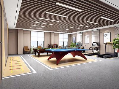Sports Fitness Indoor Area With Ping Pong Table Treadmill And Green Plants 3d model