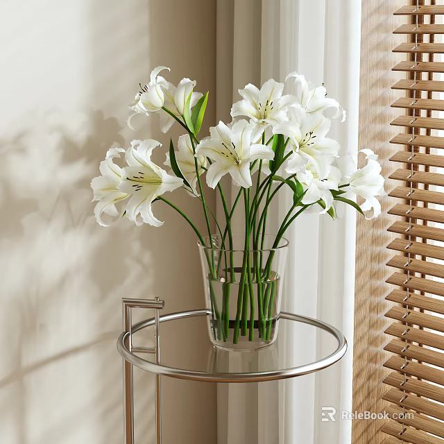 White Lilies Arranged In Clear Glass Vase On Metal Round Side Table With Natural Light 3d model 