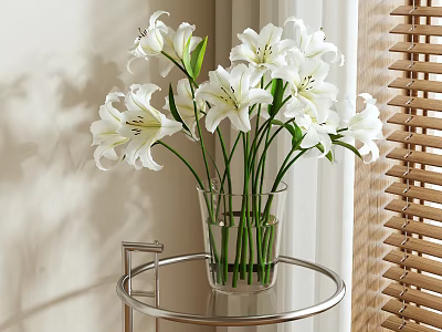 White Lilies Arranged In Clear Glass Vase On Metal Round Side Table With Natural Light 3d model