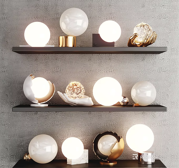 Stylish Modern Table Lamps With Various Designs Displayed On Black Shelves 3d model 