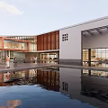 Modern Building Exterior With Water Pool Reflection People Walking Glass Facade And Wooden Panels