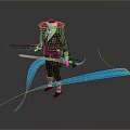 Woman In Traditional Outfit With Straw Hat Holding Two Swords And Blue Flowing Lines