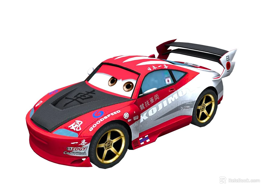 Red and White Streamlined Racing Car with Black Hood Gold Wheels Rear Spoiler and Logos 3d model 