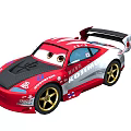 Red and White Streamlined Racing Car with Black Hood Gold Wheels Rear Spoiler and Logos