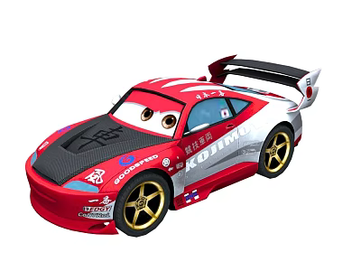 Red and White Streamlined Racing Car with Black Hood Gold Wheels Rear Spoiler and Logos 3d model