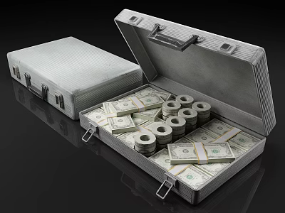 Open Metal Commercial Equipment Briefcase Filled With US Dollar Bills And Coin Rolls 3d model