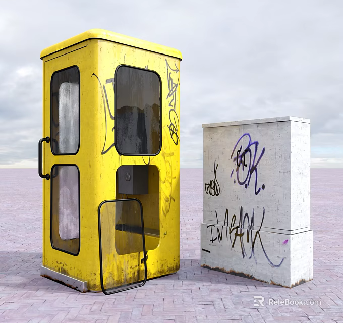 Yellow and White Public Facilities with Graffiti Covered Exteriors in Urban Area 3d model 