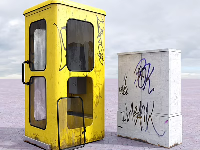 Yellow and White Public Facilities with Graffiti Covered Exteriors in Urban Area 3d model
