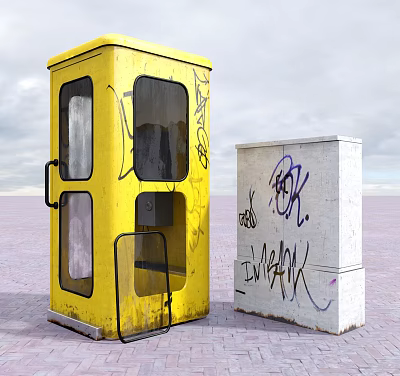 Yellow and White Public Facilities with Graffiti Covered Exteriors in Urban Area 3d model