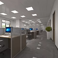 Modern Public Office Space Interior With Cubicles Computers Desks Chairs Ceiling Lights And Potted Plant