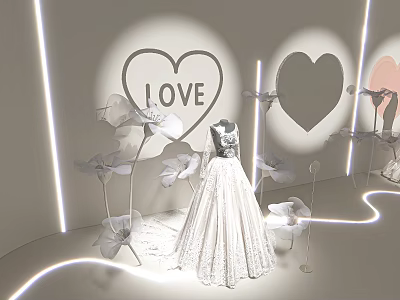 White Wedding Dress Display With Heart Shapes And Flowers 3d model