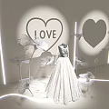 White Wedding Dress Display With Heart Shapes And Flowers