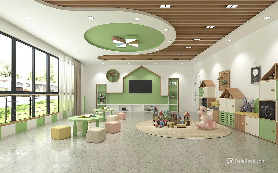 Bright Kindergarten Interior With Green Decor Toys Round Tables And Natural Light 3d model 