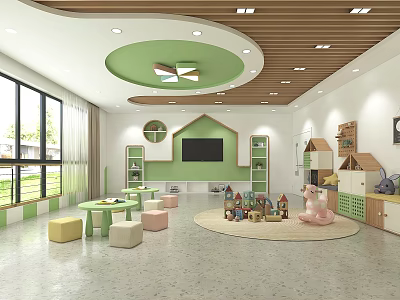 Bright Kindergarten Interior With Green Decor Toys Round Tables And Natural Light 3d model