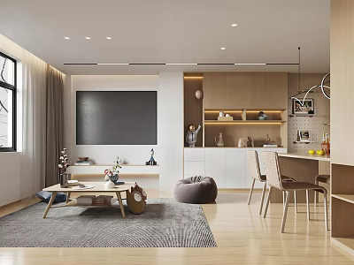 Modern Living Dining Room Interior With Gray Rug TV Wall And Wooden Dining Table Chairs 3d model
