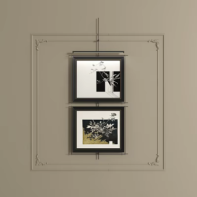 Abstract Paintings In Black Frames Hanging On Decorative Wall With Ornate Borders And Artistic Design 3d model