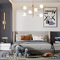 Modern Kids Room Interior With Bed Chandelier Rug Stuffed Toys Decorative Painting And Storage Cabinets