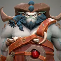 Horned Muscular Mythical Game Movie Character With Orange Armor Axe Clawed Feet And Red Gem