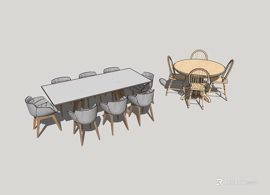 Dining Table Set With Rectangular Table Six Gray Chairs And Round Table Four Light Chairs 3d model