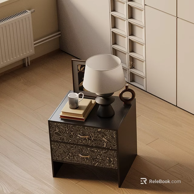 Modern Dark Bedside Table With Patterned Drawers White Lamp Mug And Stacked Books 3d model