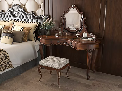 Classic Wooden Dressing Table With Mirror Flower Vase Candle And Upholstered Stool In Bedroom 3d model