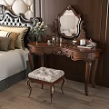Classic Wooden Dressing Table With Mirror Flower Vase Candle And Upholstered Stool In Bedroom