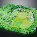 Cartoon Scene of Green Park with Lush Trees Open Grassland and Small Buildings