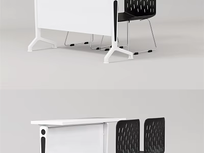Modern White Office Desk With Black Chairs And Sleek Metal Legs Design 3d model