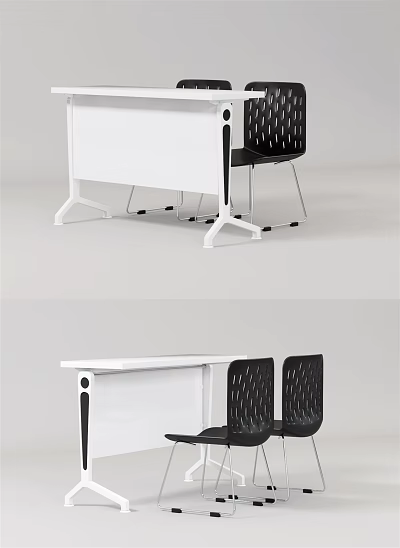 Modern White Office Desk With Black Chairs And Sleek Metal Legs Design 3d model