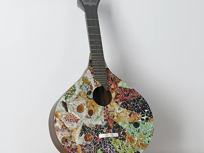 Unique Mandolin Musical Instrument Decorated With Colorful Art Supplies Mosaic On Body 3d model