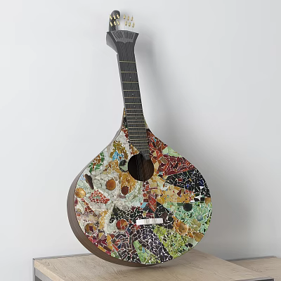 Unique Mandolin Musical Instrument Decorated With Colorful Art Supplies Mosaic On Body 3d model
