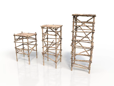 Three Natural Branch Constructed Architectural Towers With Crossed Frame Structures And Different Heights 3d model