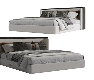 Modern Double Bed With Upholstered Headboard Gray Bed Linens And Decorative Pillows 3d model